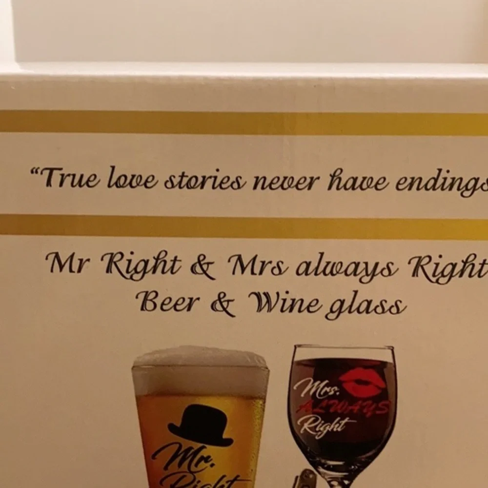 NIB “Mr. Right & Mrs. ALWAYS Right” beer and wine glass-includes bottle opener
